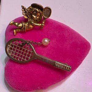 Gold Tennis Racket & Cherub Brooch  Vintage